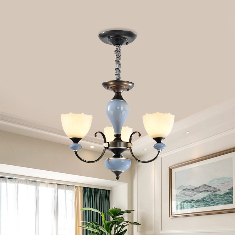 3/6 Heads Pendant Chandelier Countryside Bowl White Glass Ceiling Light in Black with Swooping Arm