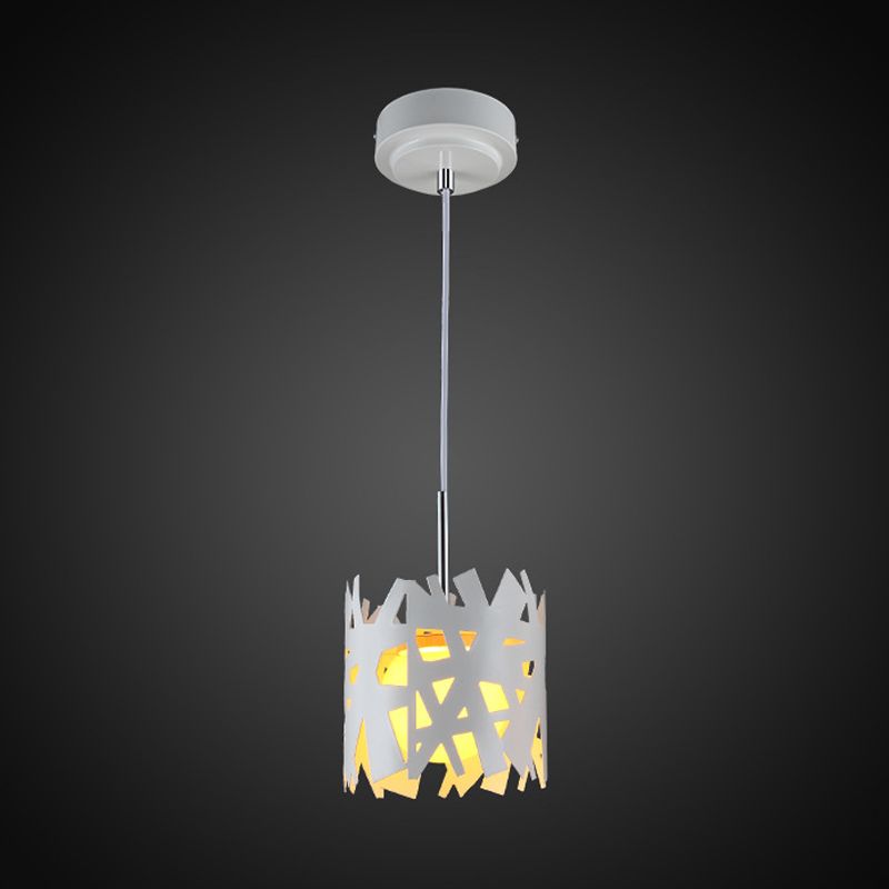 Iron Cylinder Cage Drop Pendant Light Modern 1 Bulb White Finish Ceiling Suspension Lamp