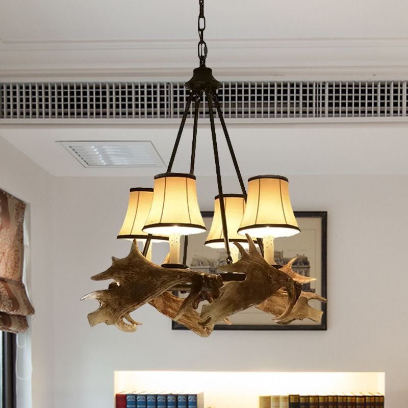 Lampadario conico a soffitto sala da pranzo in resina rustica 4 luci appuntamento appeso al beige con tonalità in tessuto