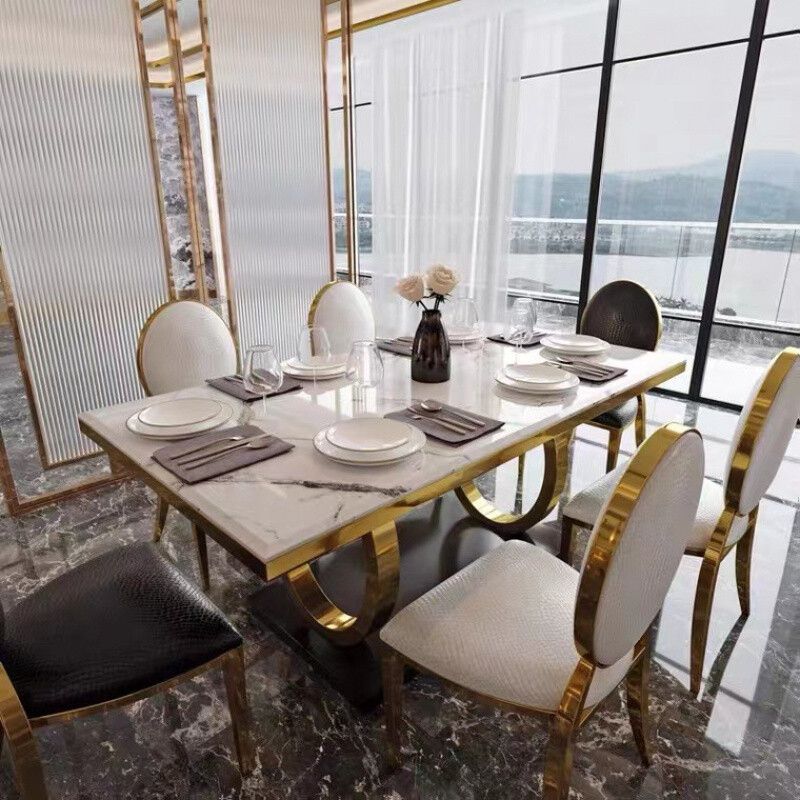 Traditional Luxury Rectangle Dining Table Marble and Metal Gold Base Table
