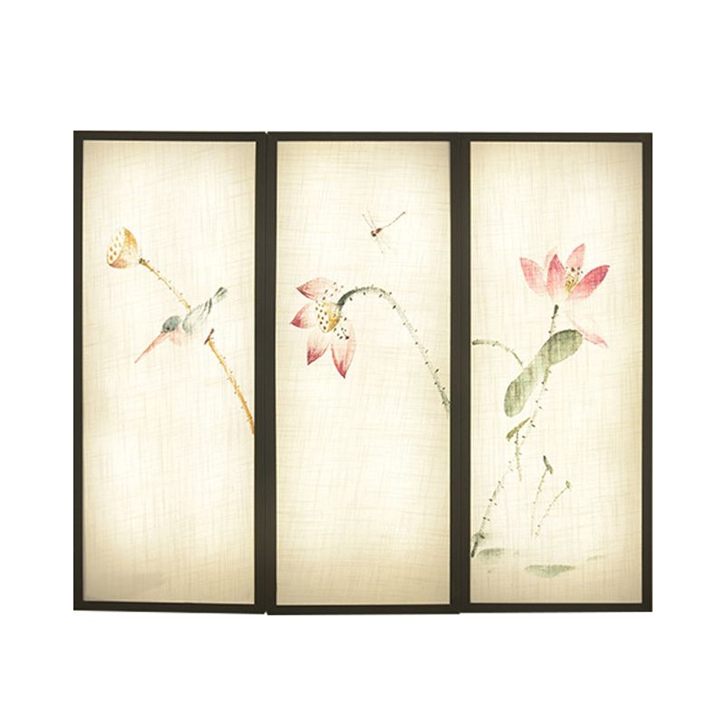 Black Panel Rectangular Mural Lamp Asia LED Fabric Wall Mount Lamp with Lotus Pattern