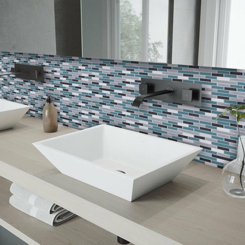 Rust Mosaic Tile Wallpaper Panels Blue Faux Brick Wall Art for Washroom, Peel and Paste
