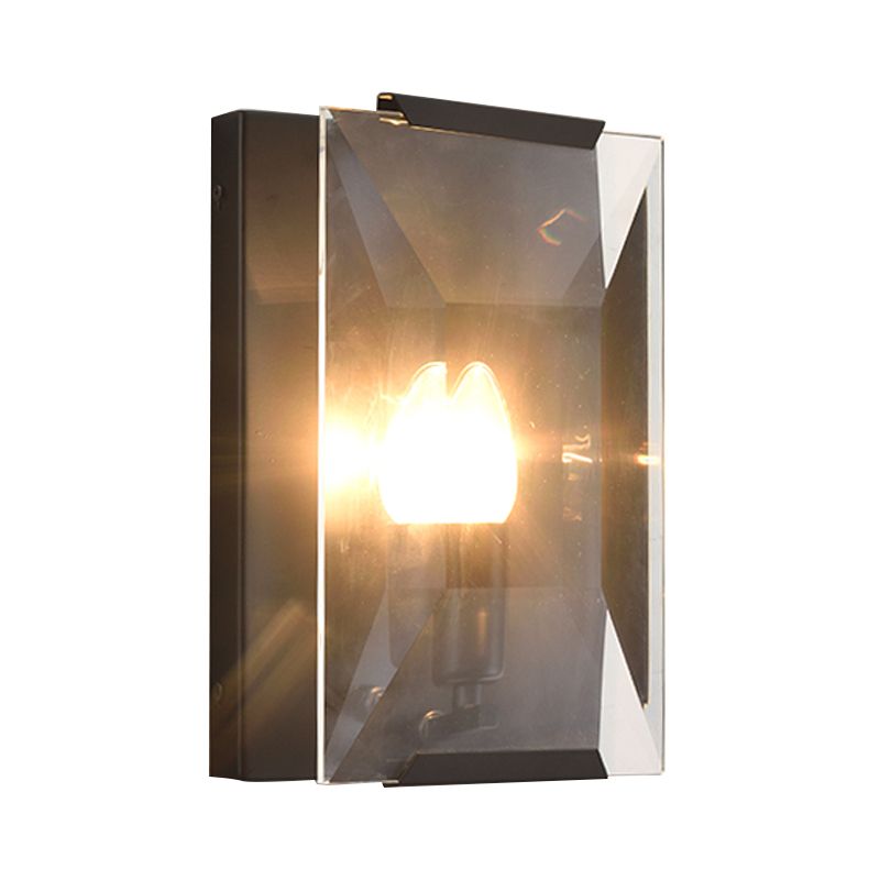 Metal Rectangle Wall Sconce Light Minimalist 1 Head Black/Brass Finish Wall Lighting with Clear/Frostwork Crystal Panel Shade