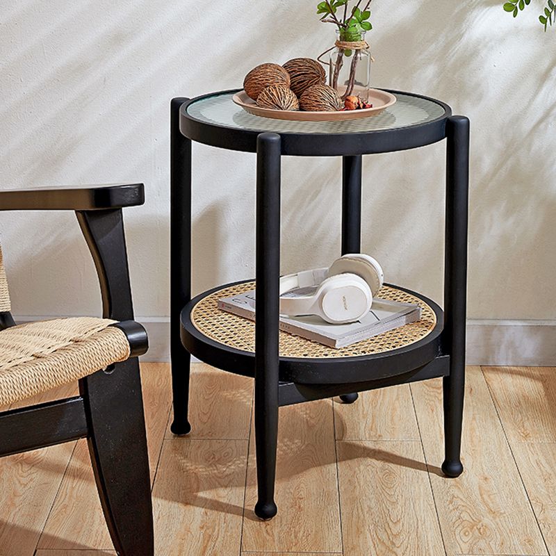 Tropical Round Cocktail Table Glass Top Coffee Cocktail Table with Shelf