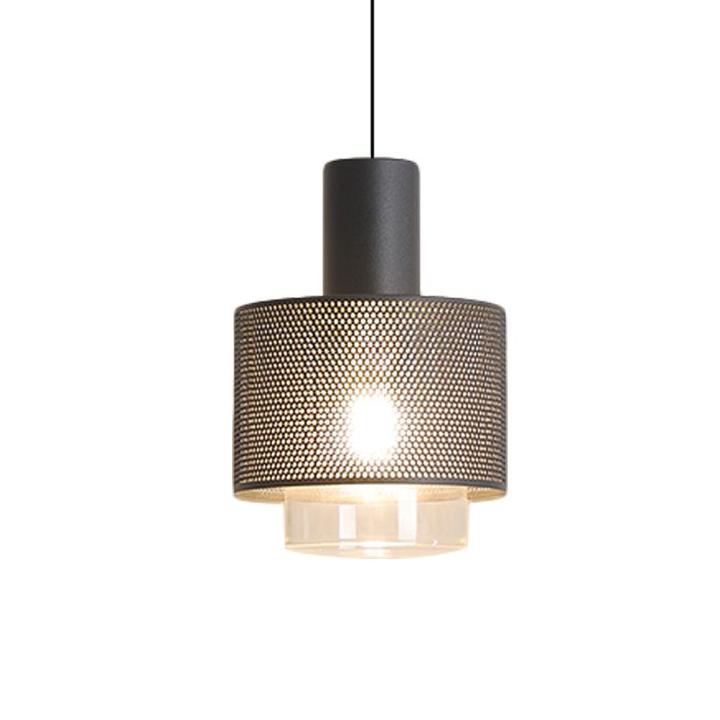 Modern Drum Mesh Pendant Lighting Iron 1 Head Bedside Hanging Ceiling Lamp in Black with Cylinder Clear Glass Shade