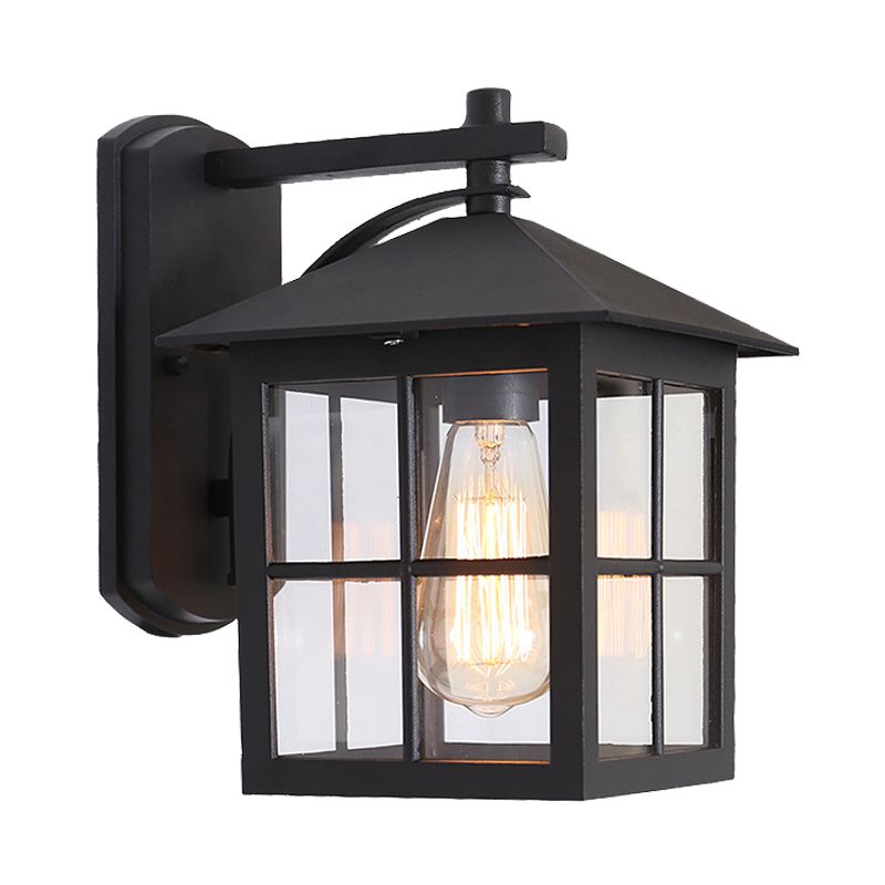 Black 1 Head Wall Sconce Light Lodges Clear Glass Cuboid Wall Lamp Fixture for Outdoor