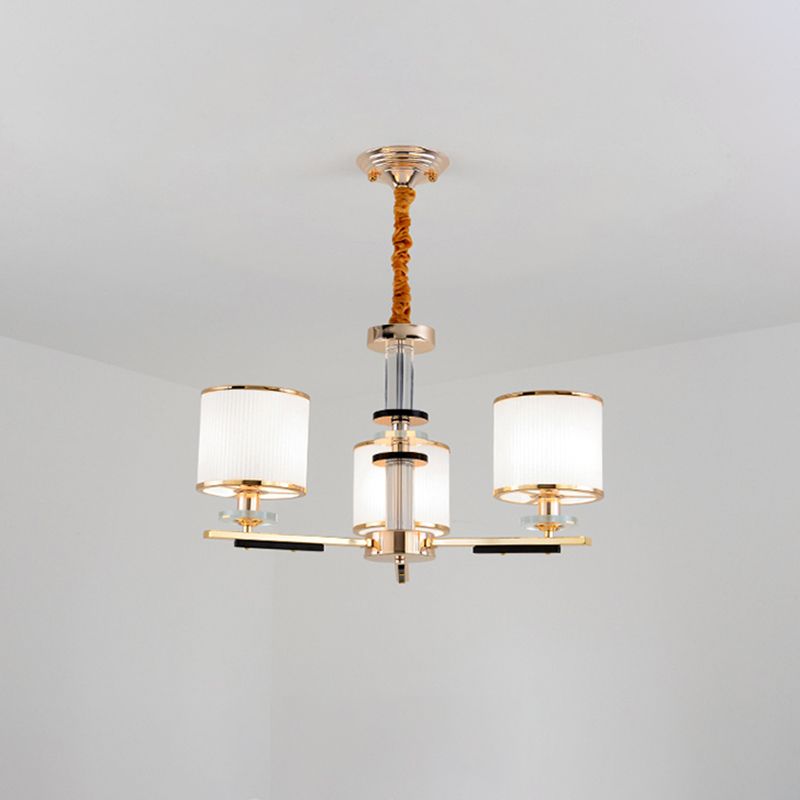 3 hoofden Drawingkamer plafond hanger Simplicity Gold kroonluchter licht met trommelopaalglasschaduw