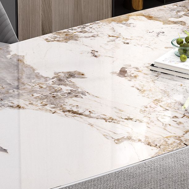 Sintered Stone Top Dining Table in White Modern Rectangle Table with Double Pedestal