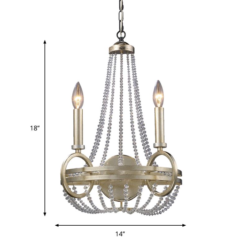 Silver Basket Pendant Chandelier Rustic Crystal Strand 2 Bulbs Living Room Ceiling Hang Fixture with Candle Design
