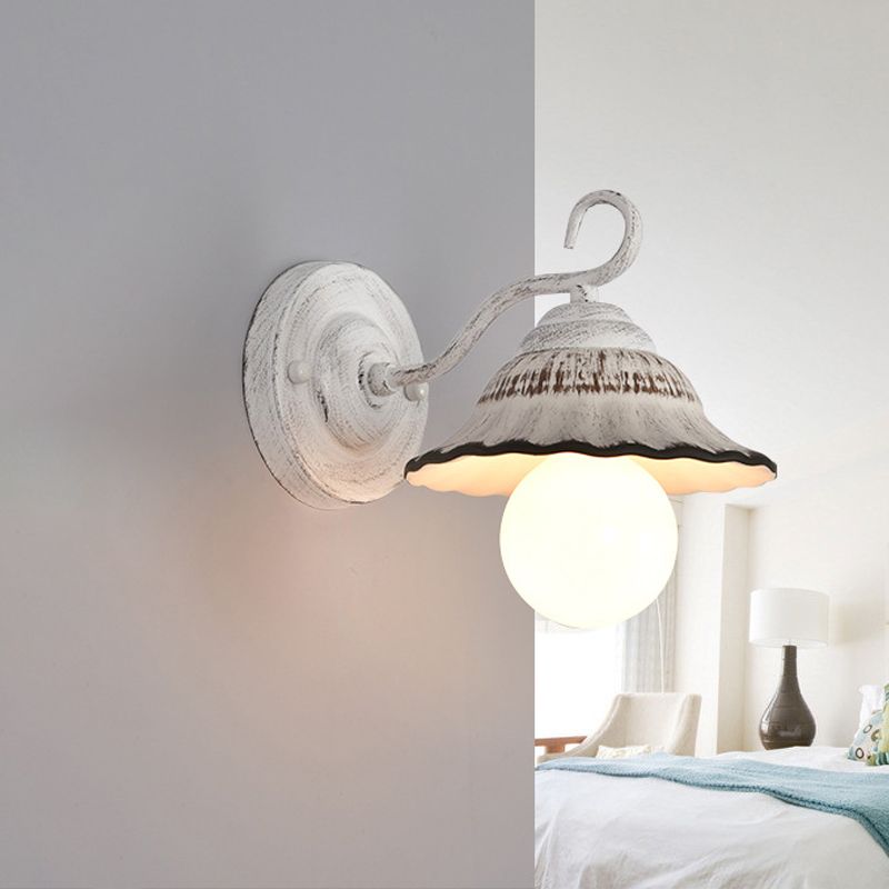 Ceramic Distressed White Sconce Light Wide Flare Shade Single Countryside Wall Mount Light