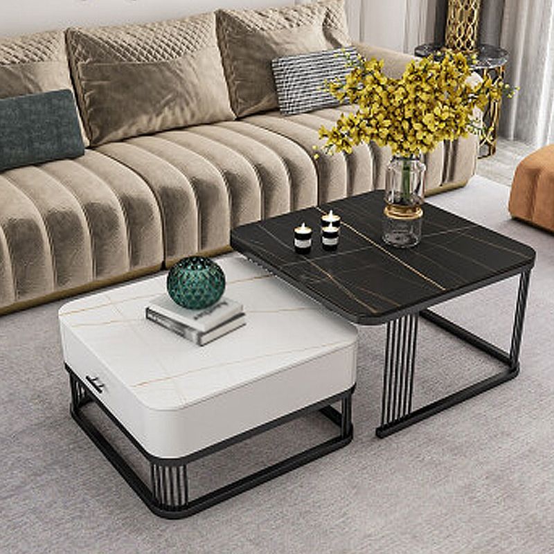 Square Slate Top Coffee Table with Drawers Frame Base 2 Nestling Cocktail Table