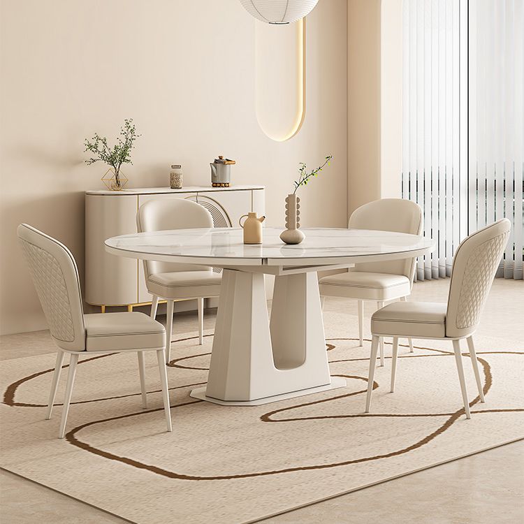 White Modern Extendable Stone Dining Table with Double Drop Leaf