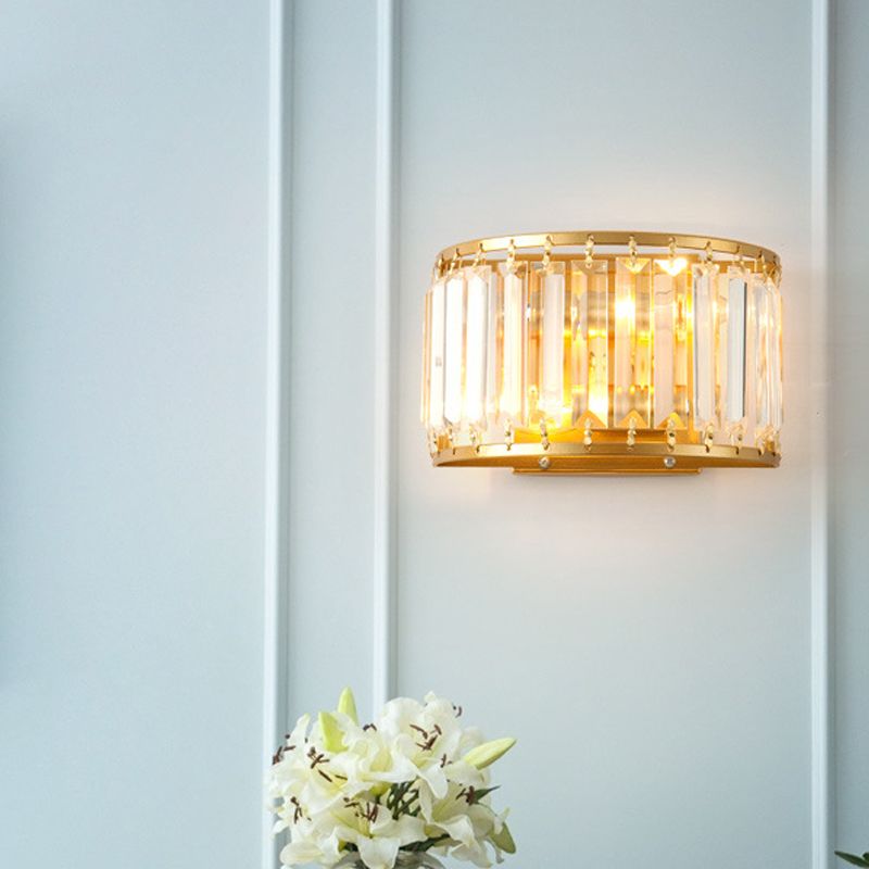 Postmodern 1 Head Wall Lamp Gold Cylindrical/Half-Drum Sconce Light with Prismatic Crystal Shade