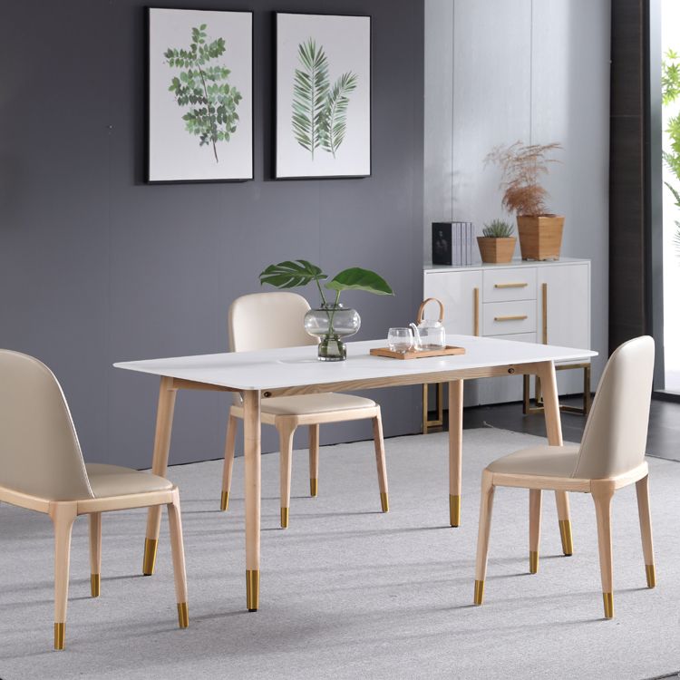 Mesa de comedor rectangular moderna de piedra sinterizada, mesa superior de piedra blanca con 4 patas de madera