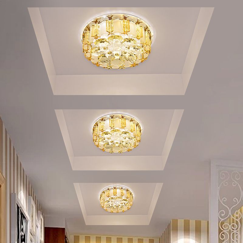 Crystal Block Floral Semi Mount Lighting Modernist LED Ceiling Light Fixture in Chrome, Warm/White Light