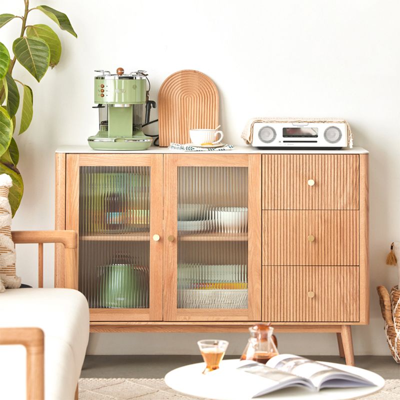 Oak Finished Sideboard Modern Style Glass Door with 3 Drawer