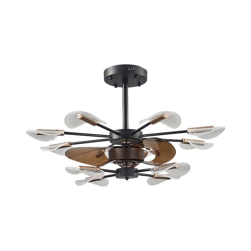 Moderne Cattail Leaf Halbflush-Beleuchtung Acryl 10 Lichter Schlafzimmer 3-Blade-Lüfterlampe in Schwarz, 35,5 "breit