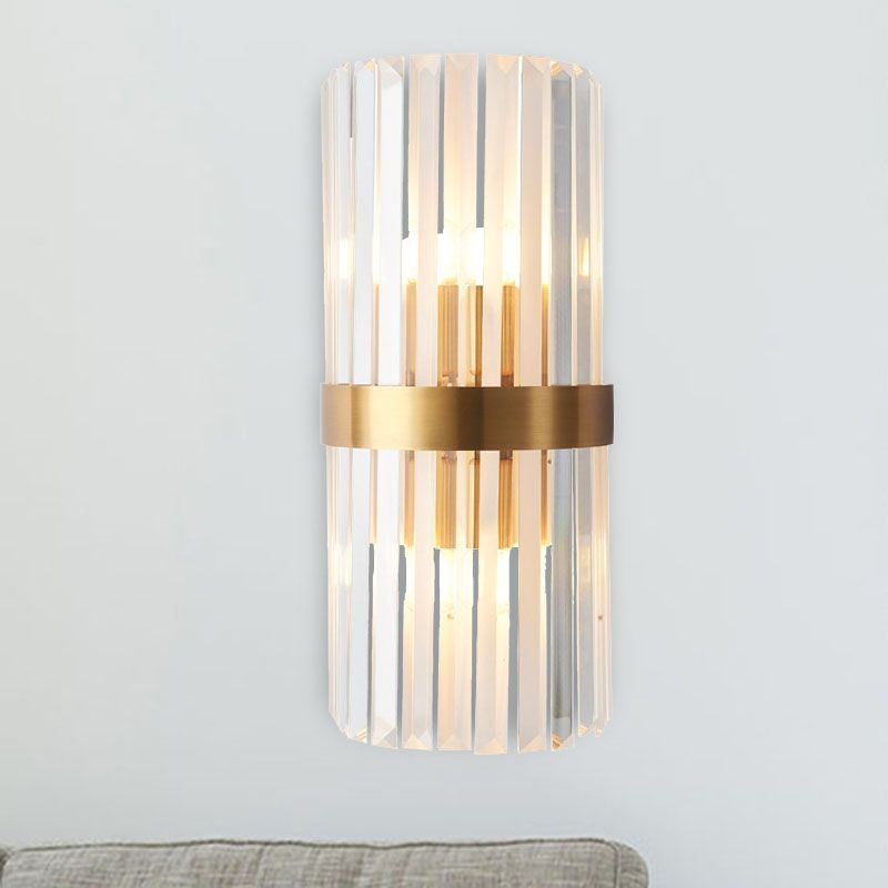 Cylinder Sconce Light Contemporary Three Side Crystal Rod 2 Heads Gold Wall Mounted Light
