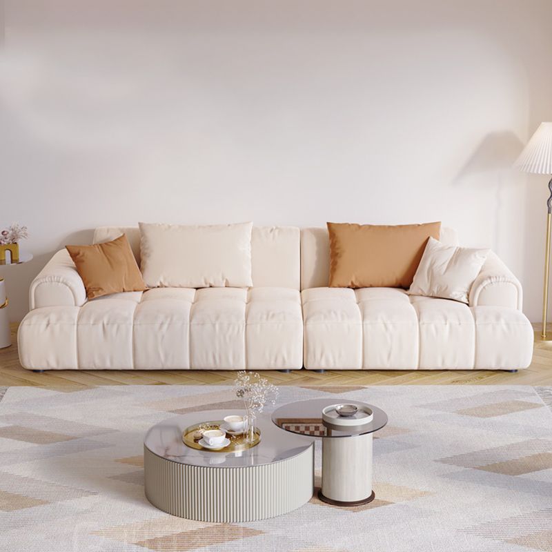 Contemporary Beige Round Arm Standard Sofa Tight Back Suede Couch with Pillows