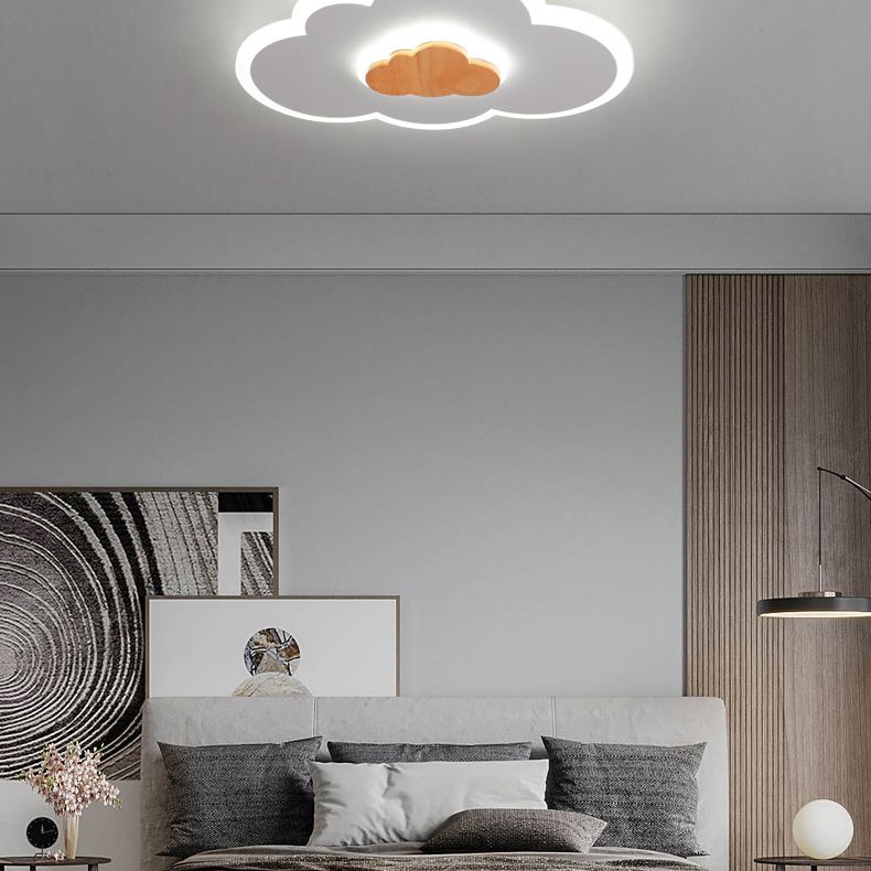 Acrylic Cloud Shaped Flush Light Cartoon White and Wood LED Ceiling Flush Light for Child Room