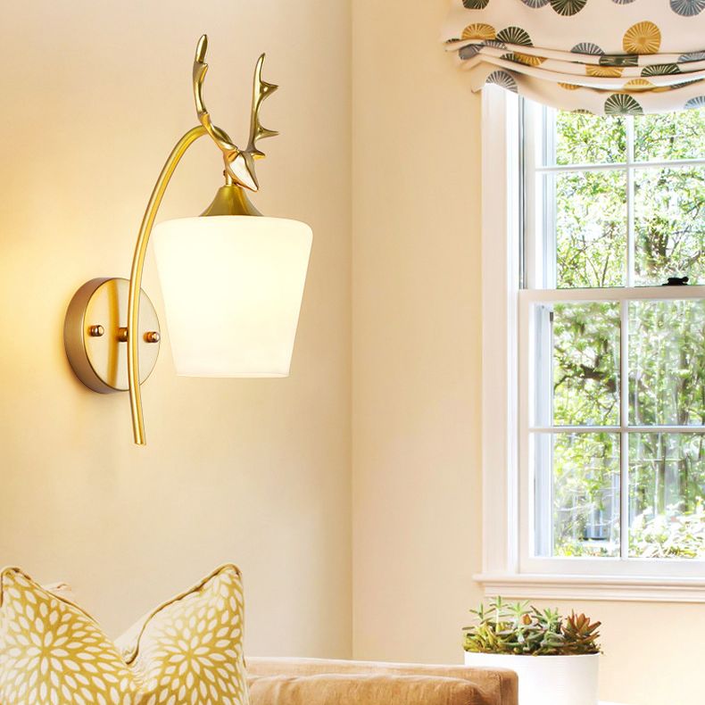 Modern Creative Antler Wall Lamp Wrought Iron Wall Sconce with White Glass Shade