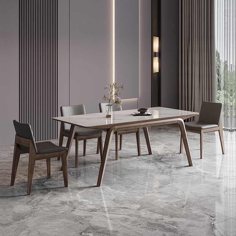 White Mid-Century Dining Table Stone Top Table with Wooden Frame