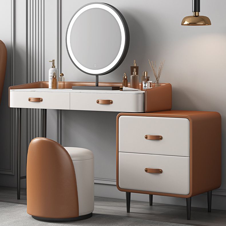 Stone Top Make-up Vanity Orange Solid Wood Vanity Dressing Table Set