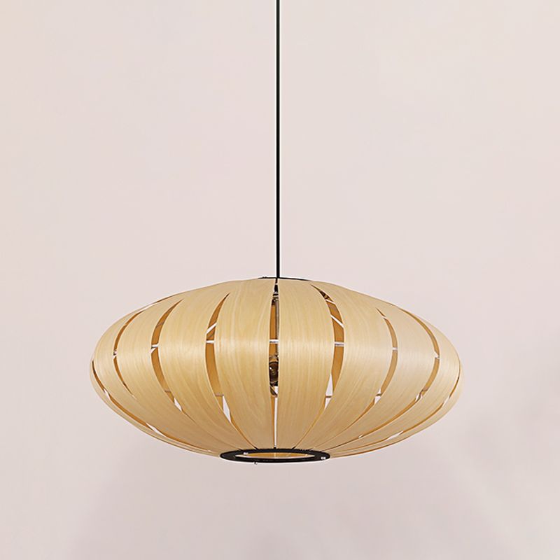 Japanese Lantern Pendant Chandelier Wood 3 Heads Suspended Lighting Fixture in Beige