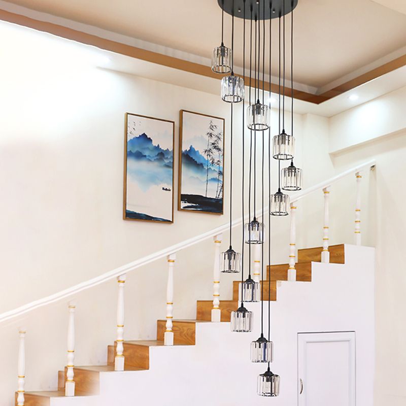 12 Lights Crystal Hanging Lighting Contemporary Black Cylinder Living Room Multiple Lamp Pendant