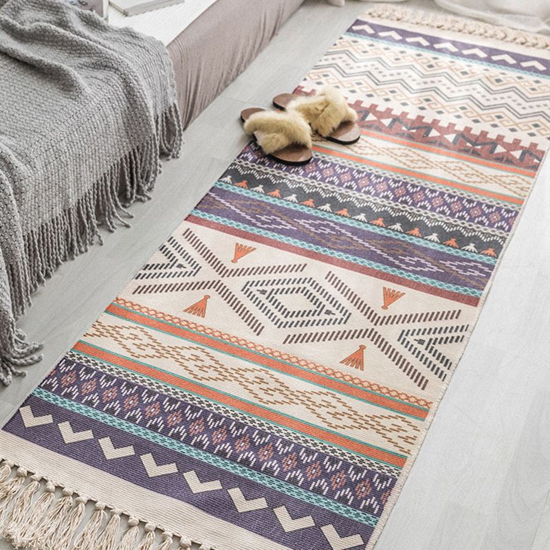 Bohemian Americana Pattern Carpet Purple Polyester Area Rug Fringe Indoor Rug for Home Decor
