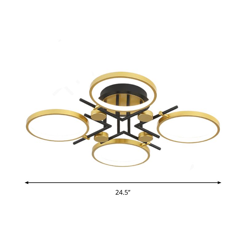 Modern 4/6-Light Semi Flush Mount Gold Hoop Ceiling Mount Chandelier with Metal Frame in Warm/White/3 Color Light