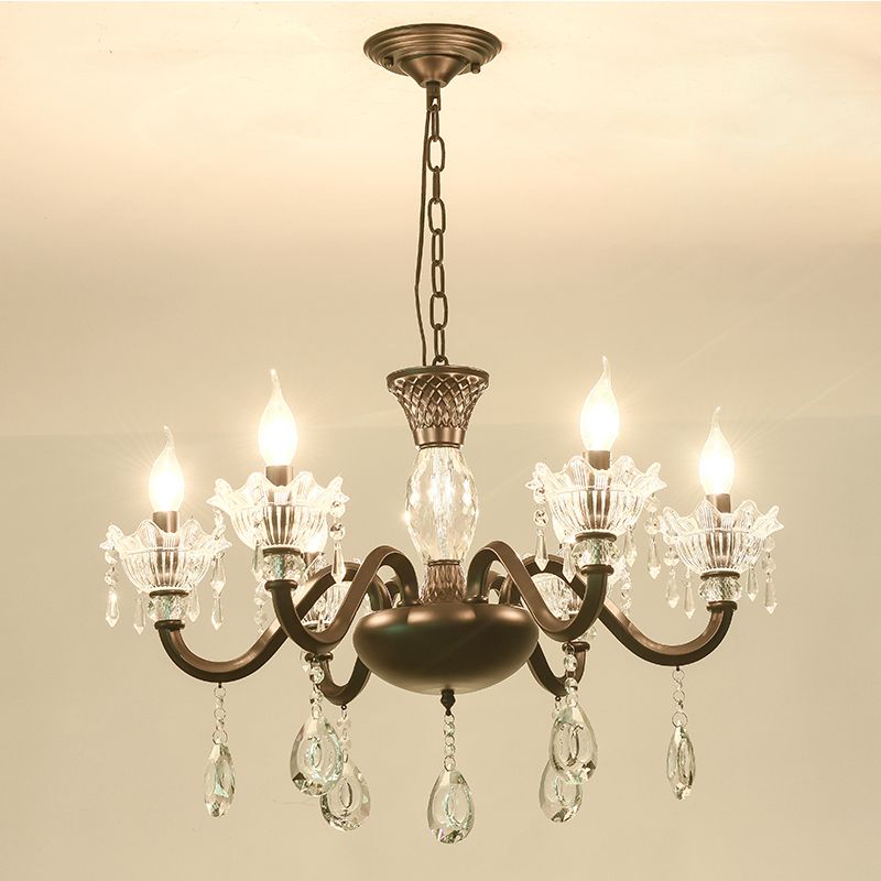 Modernism Curved Arm Suspension Light 6/8-Light Metal Pendant Chandelier in Black with Crystal Droplet