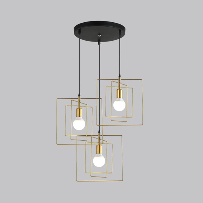 Frame Squared Metal Pendant Lighting Vintage Industrial 3 Lights Dining Room Hanging Ceiling Light in Gold