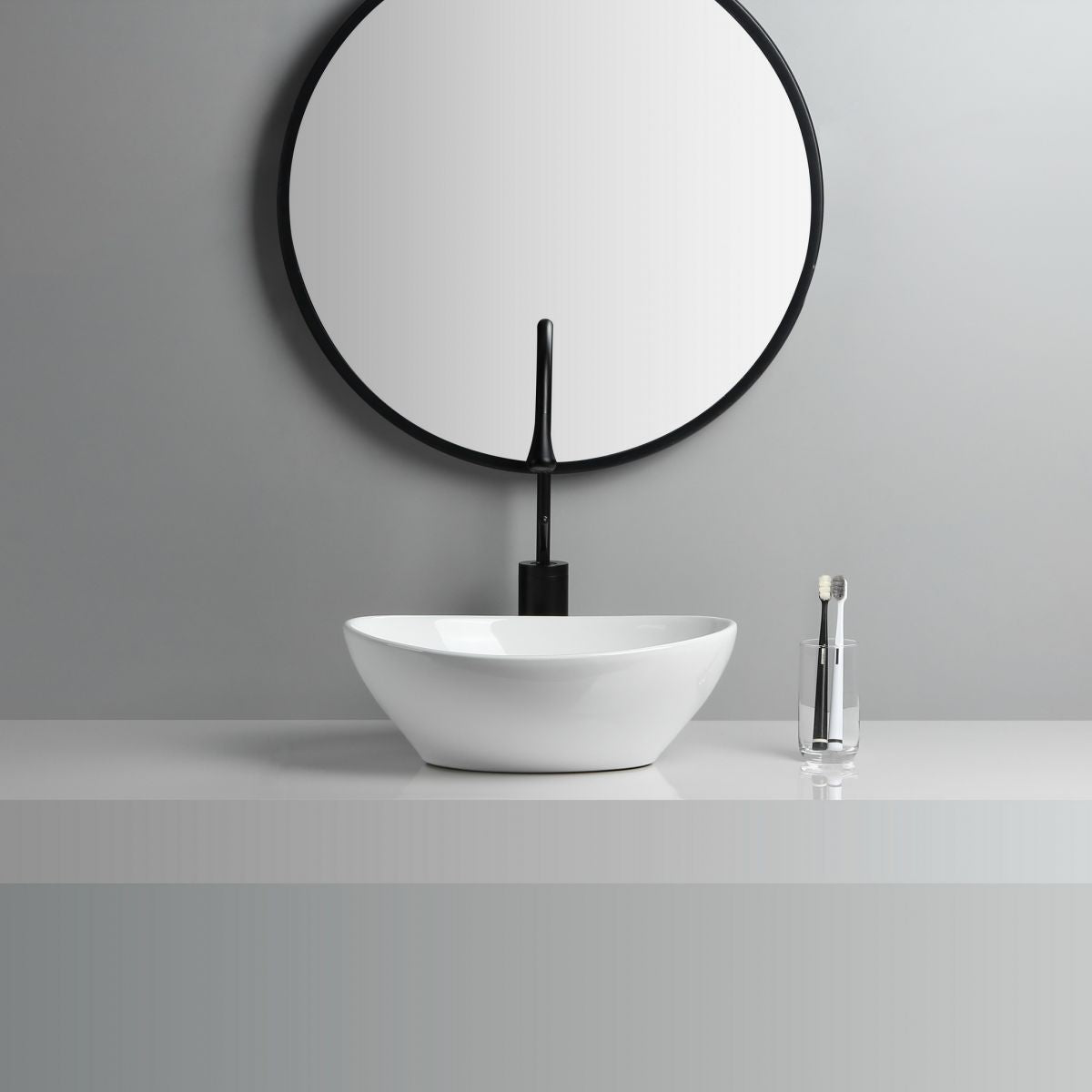Modern Vessel Lavatory Sink Porcelain Oval with Faucet and Drain Assembly Vessel Sink