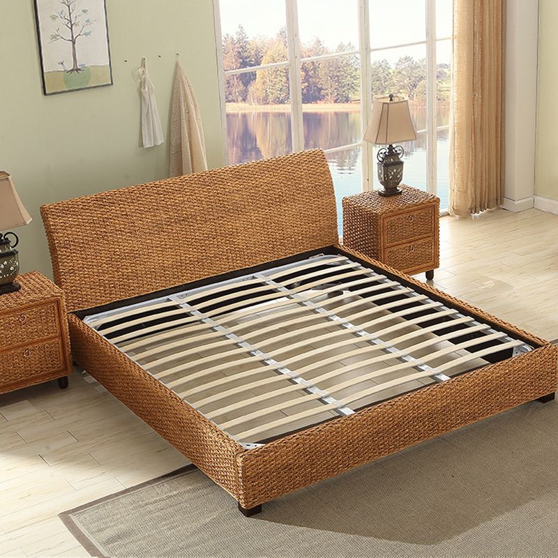 Tropical  Rattan Standard Bed with Headboard Bed and Beech Legs