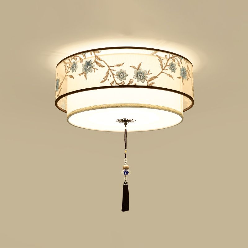 Geometry Shape Ceiling Lamp Tradition Iron Flush Mount with Fabric Lampshade for Hall