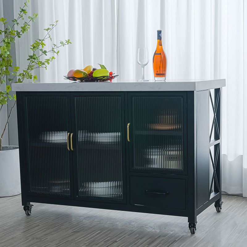 Faux Marble Rectangle Kitchen Island Cart with Glass Storage Cabinet