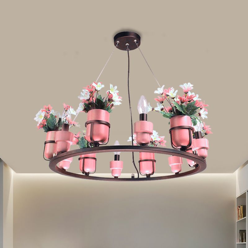 6 lampen metaal kroonluchter industrieel roze/blauw cirkelvormige hanglichtkit met kaarsenontwerp