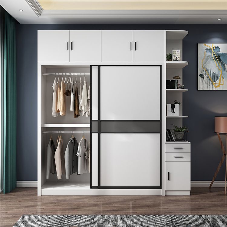 White Modern Wardrobe Armoire Engineered Wood Sliding Door Wardrobe with Drawer