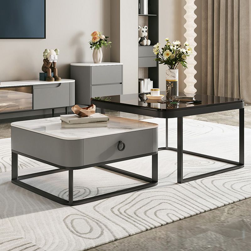 Glass/Slate Top Coffee Table Contemporary Frame Coffee Cocktail Table with Drawers