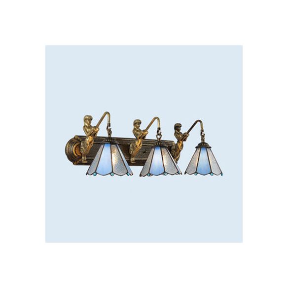 Blue Glass Conical Wall Light Fixture Tiffany 3 Lights Aged Brass Sconce Lighting