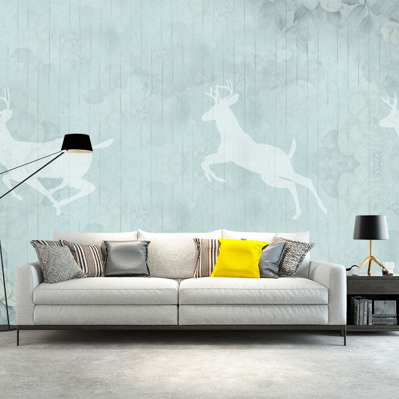 Minimalist Deer Silhouette Murals Wallpaper Grey-Blue Floral Print Wall Covering