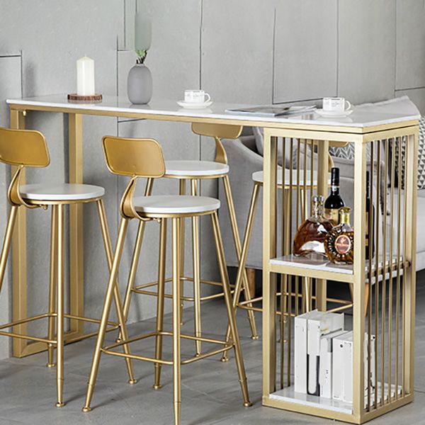 White Rectangle Faux Marble Top Bar Table Industrial Double Pedestal with Shelves