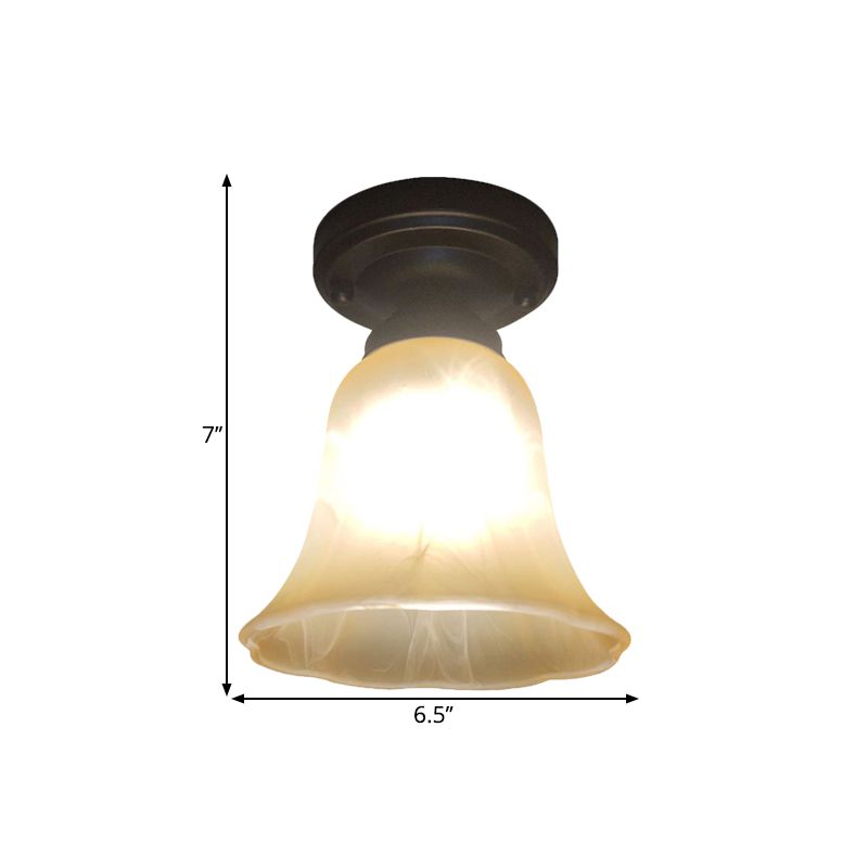 Black Single Bulb Ceiling Light Antiqued Milky Glass Bell Shape Flush Mount Lighting Fixture