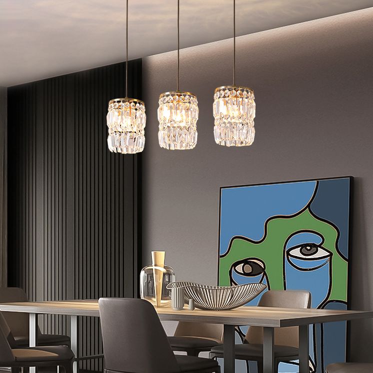 Luz colgante de LED de cristal en la moderna lámpara colgante cilíndrica de hierro forjado para el comedor