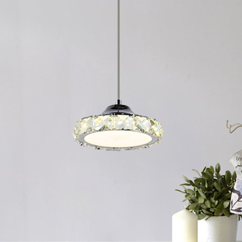 LED Faceted Crystal Ceiling Pendant Light Simplicity Chrome Circular Dining Room Suspension Lamp in Warm/White Light