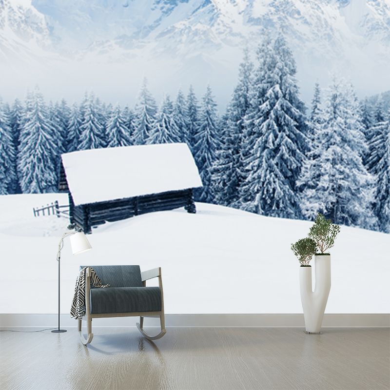 Lonely Forester Cabin Mural Wallpaper for Home Snowy Mountain Landscape Wall Covering, Custom Made