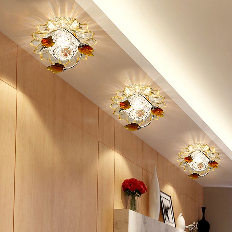 Globe Flush Mount Fixture Modern Metal 1 Bulb Blue/Tan Ceiling Light in Warm/White Light with Crystal Maple Leaf Deco