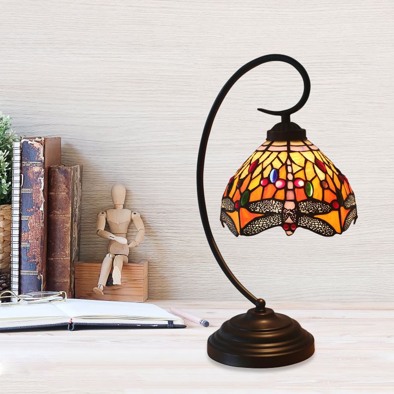 Dragonfly Cut Glass Desk Lighting Victorian 1 Light Orange/Green Night Lamp with Curved Arm for Bedroom