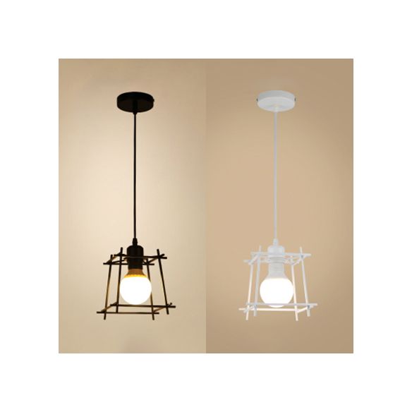 Luz de colgante de jaula cuadrada de estilo retro 1 lámpara colgante de techo de metal claro en blanco/negro para dormitorio